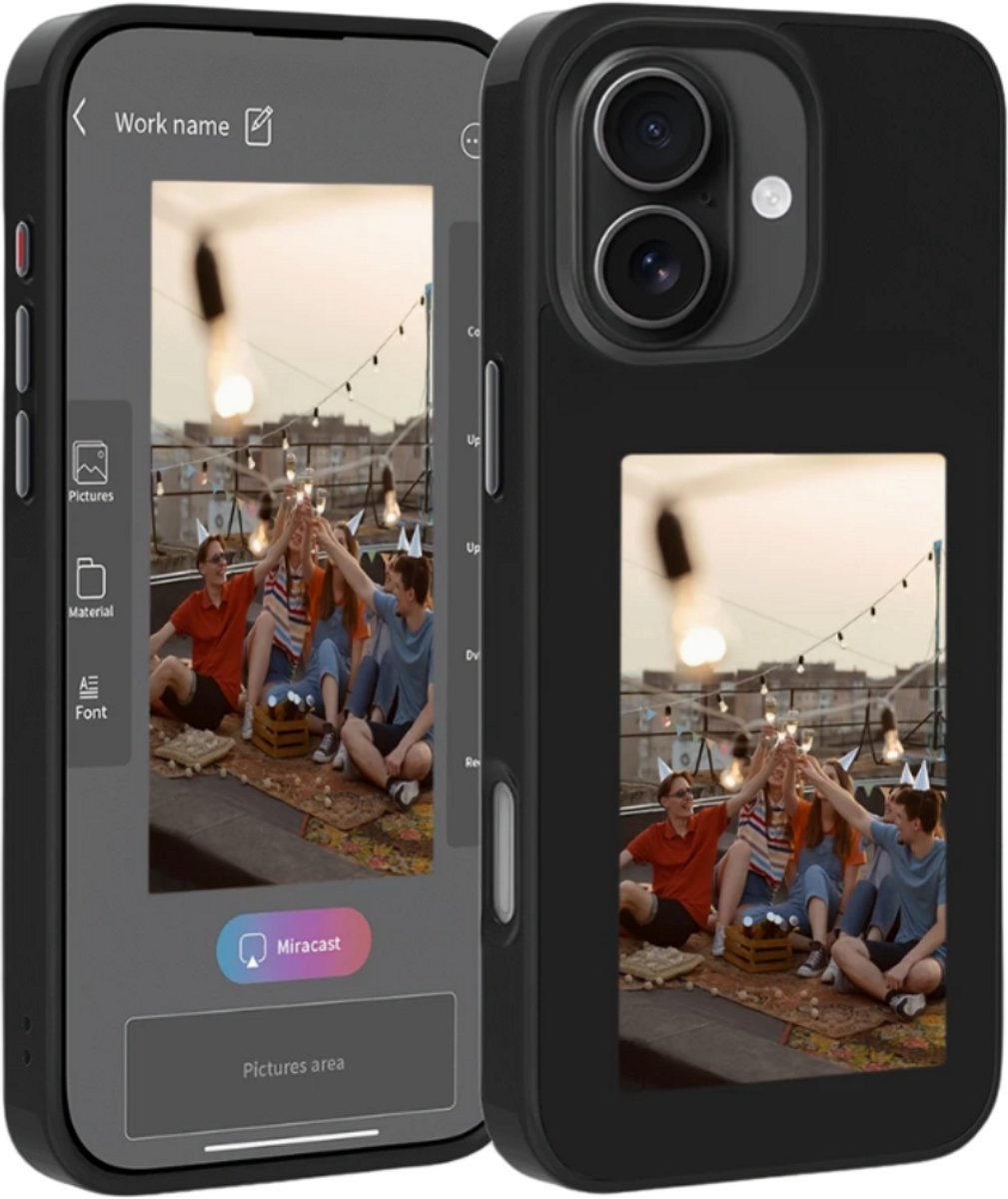 NFC Telefoon Hoesje - DIY Foto Inkt - iPhone 16 - Zwart - Telefoon - Telefoonhoesjes - Smart E-Ink Scherm - Digitale Fotolijst - Aventra Custom NFC hoesje