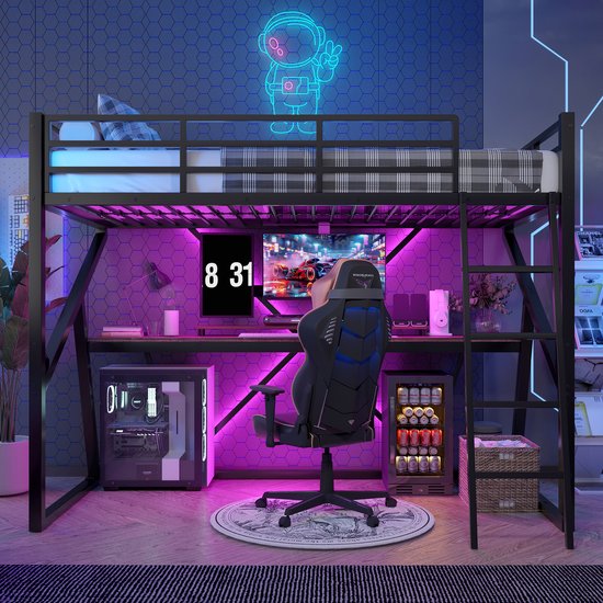 Lit mezzanine - 90 x 200 cm - avec éclairage LED- garde-corps - escalier - bureau - sans matelas - noir