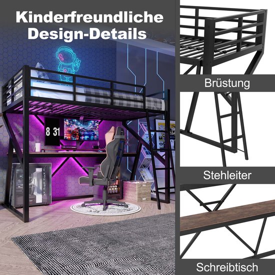 Lit mezzanine - 90 x 200 cm - avec éclairage LED- garde-corps - escalier - bureau - sans matelas - noir