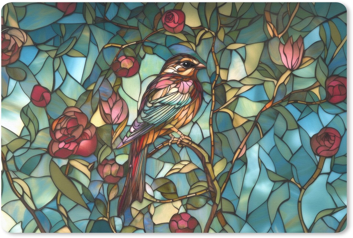 Muismat 27x18 cm - Mousepad Vogel - Tak - Rozen - Mozaïek - Muismatten