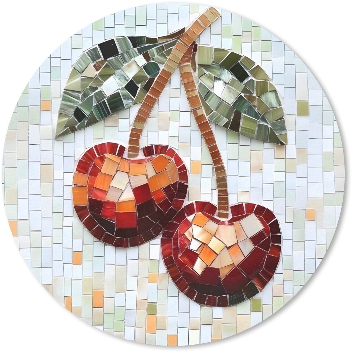 Muismat rond 40x40 cm - Mousepad Kersen - Rood - Mozaïek - Blaadjes - Ronde muismatten