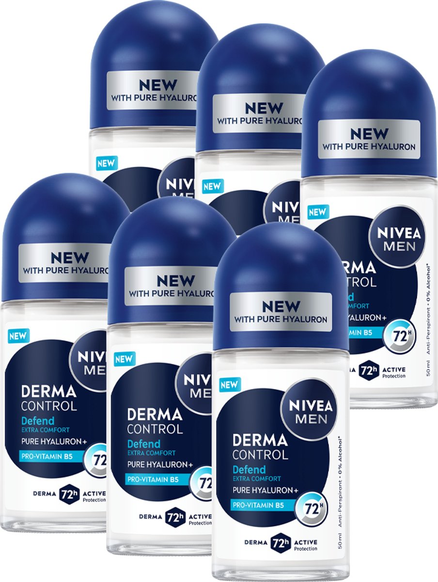 NIVEA MEN Defend Derma Control Anti-Transpirant Deodorant Roller - 72 uur Bescherming - Deodorant met Hyaluronzuur - Voordeelverpakking - 6 x 50ml