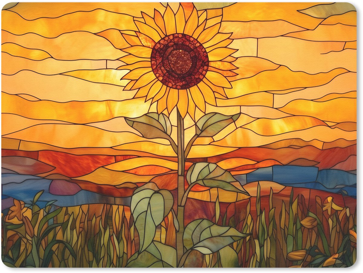 Muismat 23x19 cm - Mousepad Zonnebloem - Mozaïek - Zonsondergang - Geel - Muismatten