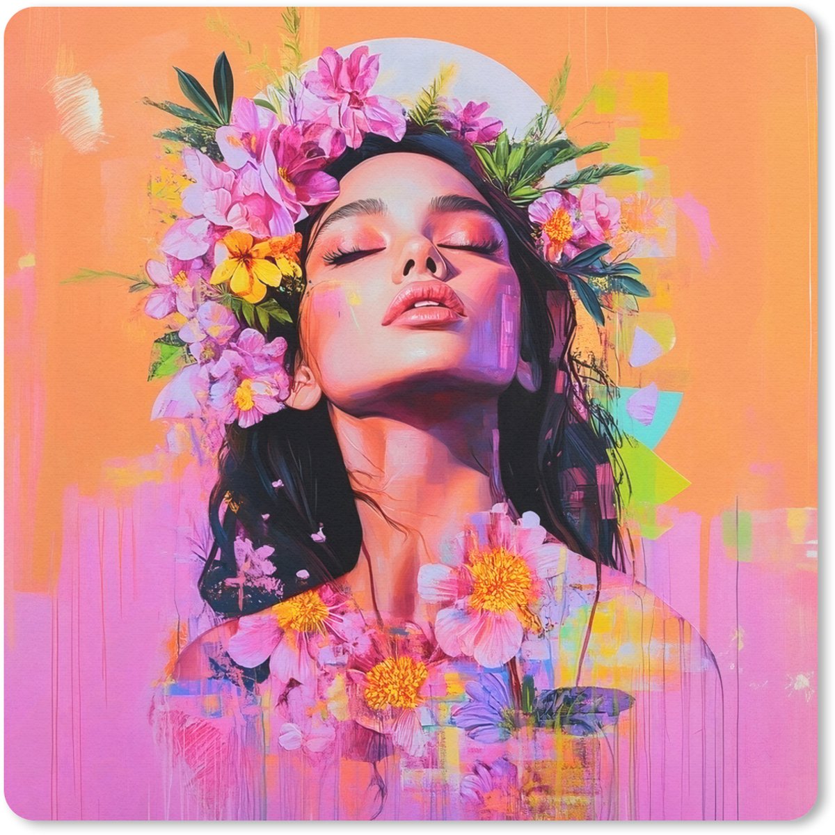 Muismat 20x20 cm - Mousepad Portret - Bloemenkroon - Vrouw - Muismatten