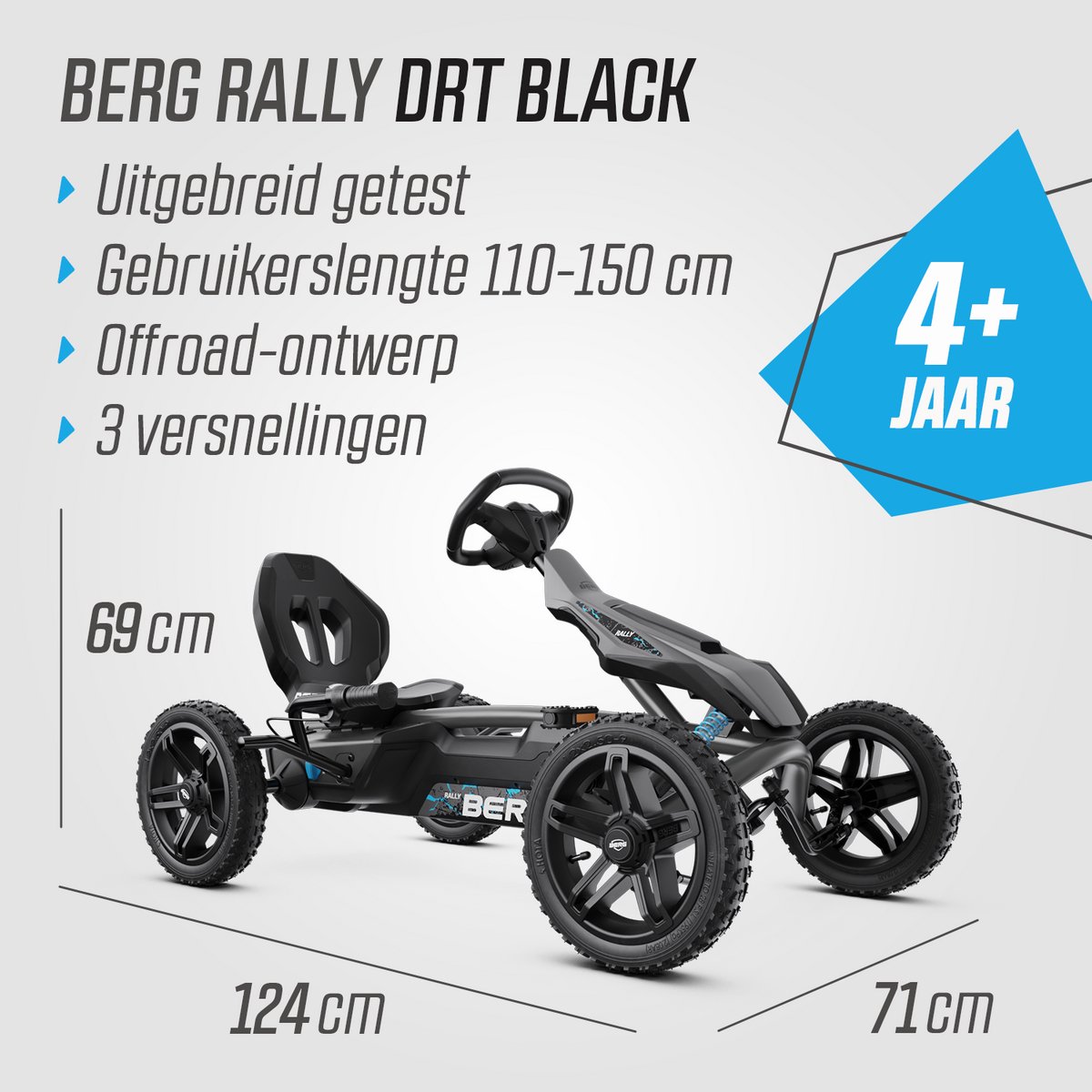 BERG Rally DRT Black 3 Gears Skelter - Drie Versnellingen - Schokabsorberende off-road veren- Verstelbare stoel - 4+ Jaar - Zwart — afbeelding 4