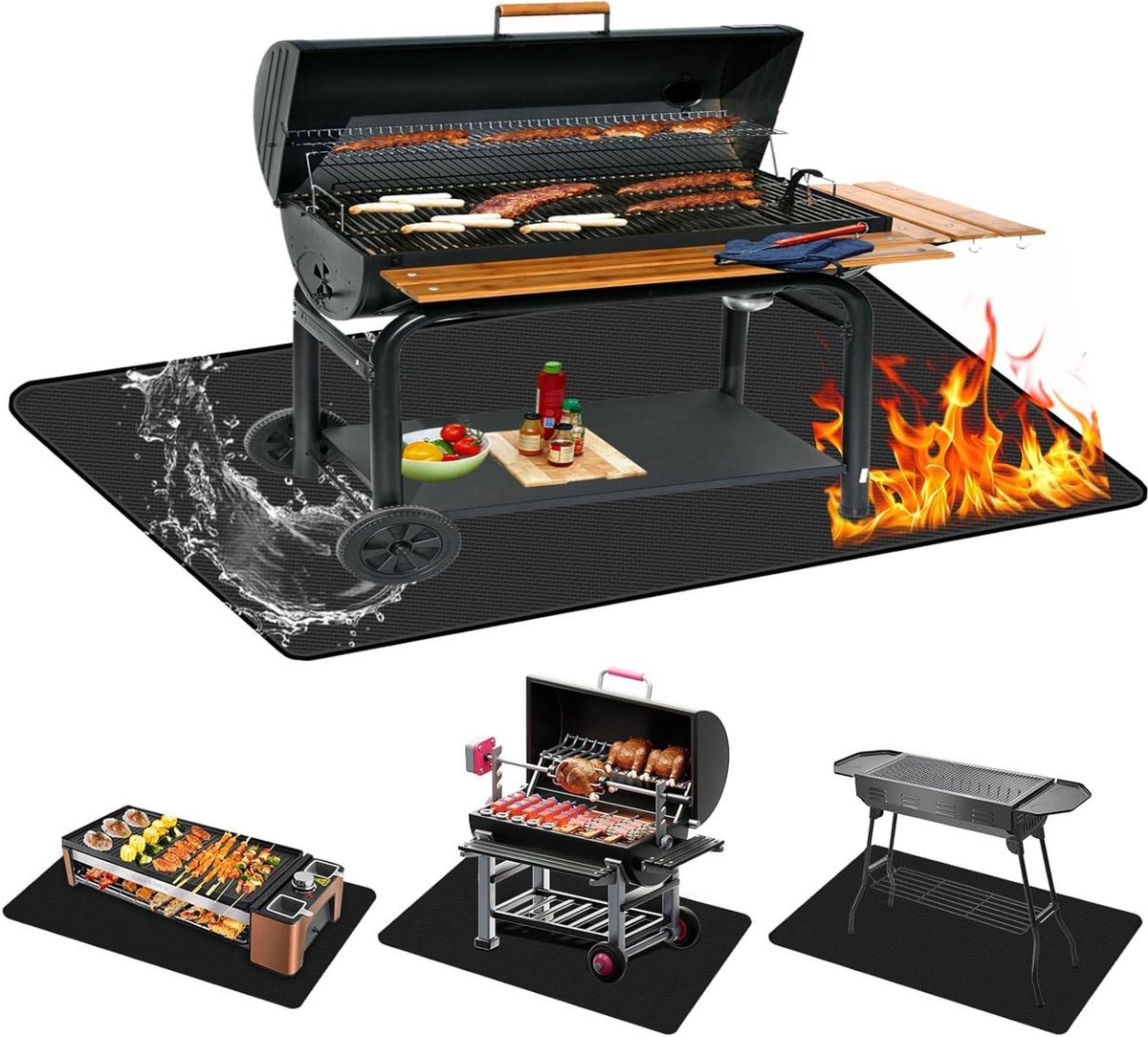 Fire Resistant Mat - 91 x 152 cm Foldable Grill Mat Heat Protection for Grills Fireplaces Floors Lawns and Camping (Black)