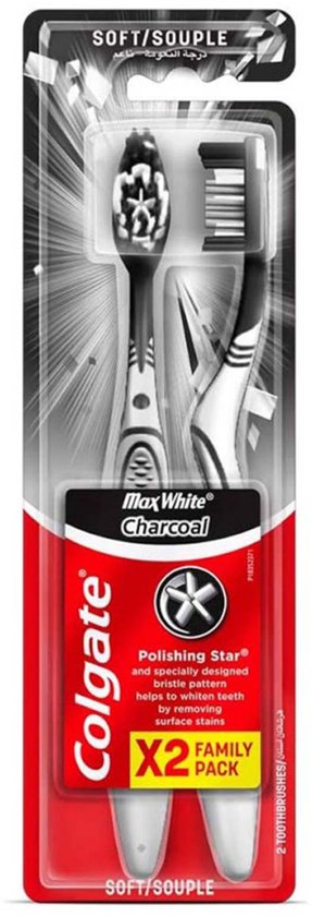 Colgate Max White Charcoal pack duo de brosses à dents, souples. Emballage avec motif de poils 'Polishing Star' pour des dents plus blanches.