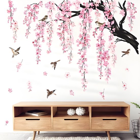 PolkaHome Grote Bloem Boom Tak Muurstickers Roze Kersenbloesem Bloemen Vogels Wanddecoratie voor Woonkamer Slaapkamer TV Muur (185cm x 135cm)