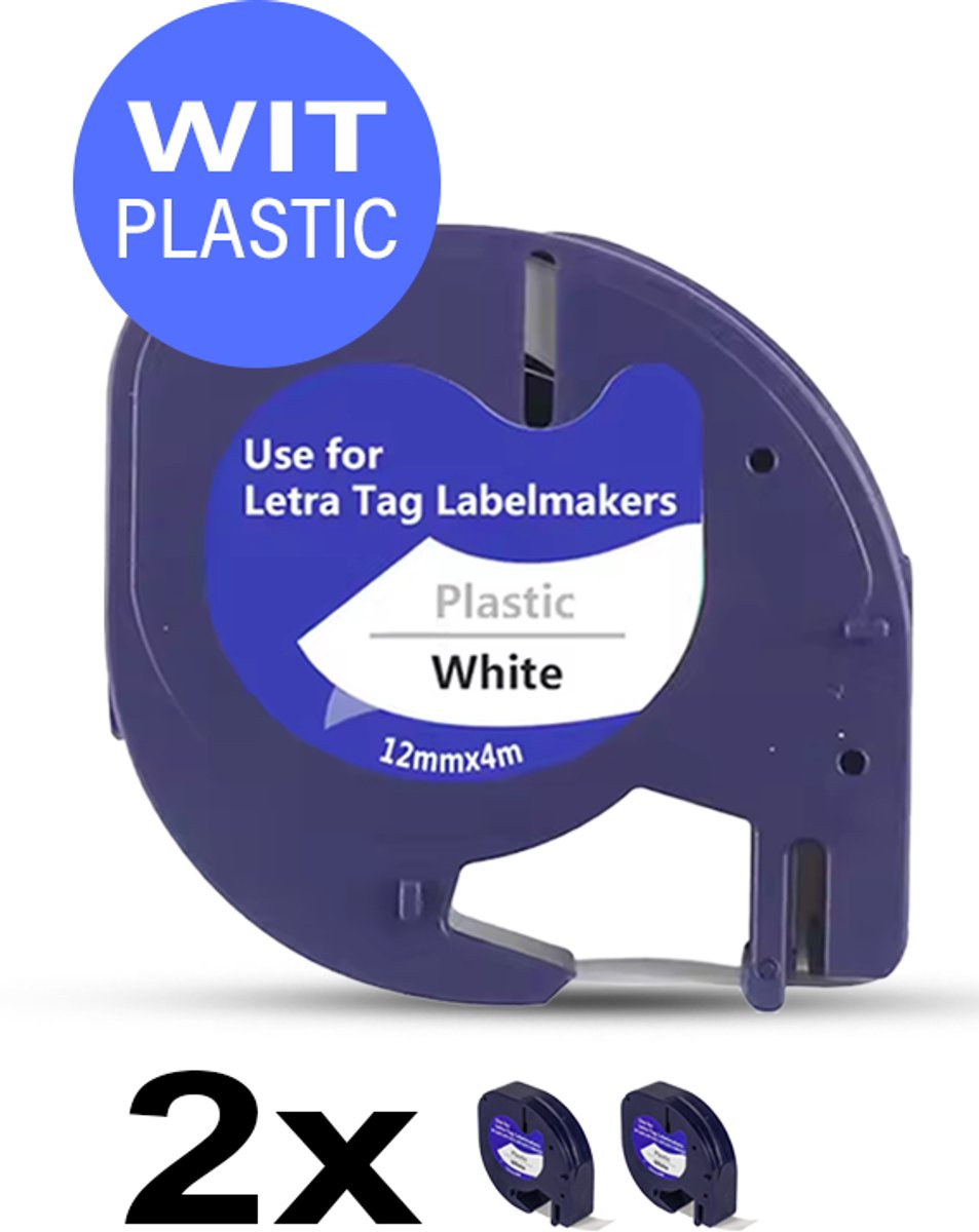 2 Stuks - Navulling Geschikt Voor Dymo LetraTag Labelprinter - dymo letratag navulling - Compatible Labels 91201 / S0721610 - Zwart op Wit Plastic - 12 mm x 4 m - Etiketten/Labeltape