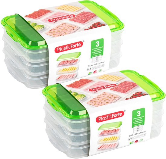 Foto: Plasticforte vleeswaren bewaarbakjes 2x transparant groen 24 x 16 x 10 cm 3 lagen broodbeleg vershouddoos vershoudbakjes