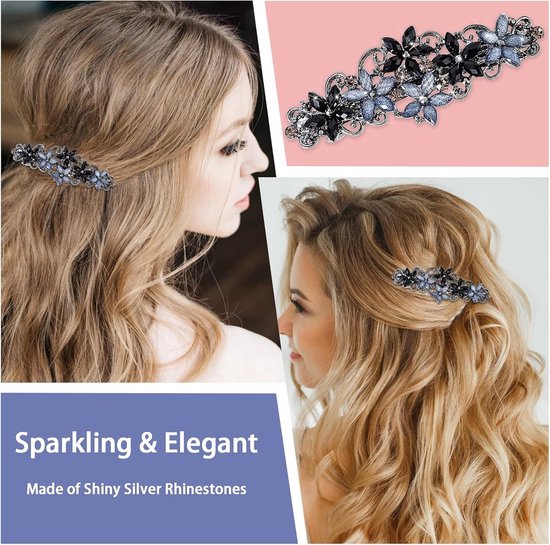 Haarspelden - Haaraccessoires - Elegante haarspelden voor dames en meisjes - Modieuze glinsterende haarspelden met strass-steentjes - Haarspeld met bloemen (roze en donkerblauwe/zwarte en grijze bloemen)