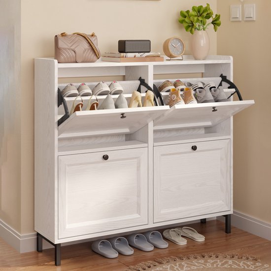 Meuble à chaussures Xbro 4 portes pliantes – Double profondeur – Étagère à chaussures moderne avec étagère supérieure – Pour couloir et chambre – 99 x 24 x 91 cm – Wit