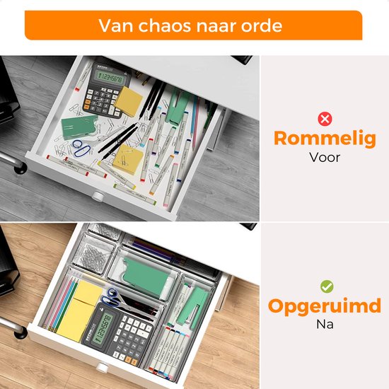 Vergelijking van een rommelige lade met een opgeruimde lade met Posity organizers.