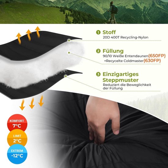 Outdoor slaapzak met 600 fp dons, waterafstotend - voor 4 seizoenen, ideaal voor volwassenen op de camping, reizen en avonturen van OutDoor — afbeelding 2