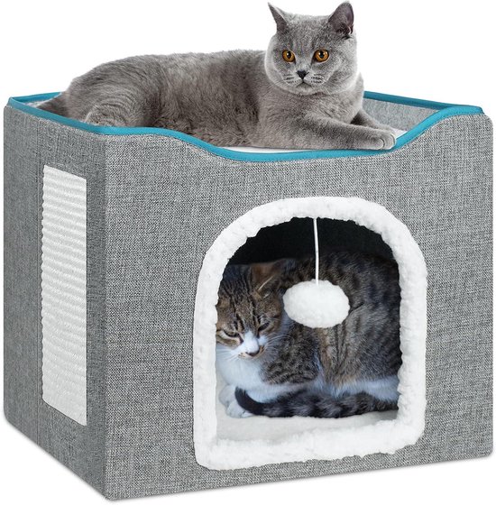 Lit Grotte Pour Chat - Forme De Chat 40x40x32 Cm - Gris Foncé Avec Coussin Amovible Lavable - Pour Chatons Et Chats De Petite Taille - 11