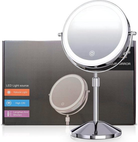 Make-up Spiegel – 1-10x Vergroting & USB-C Oplaadbaar – Drie Lichtstanden - Dubbelzijdig-Zilver