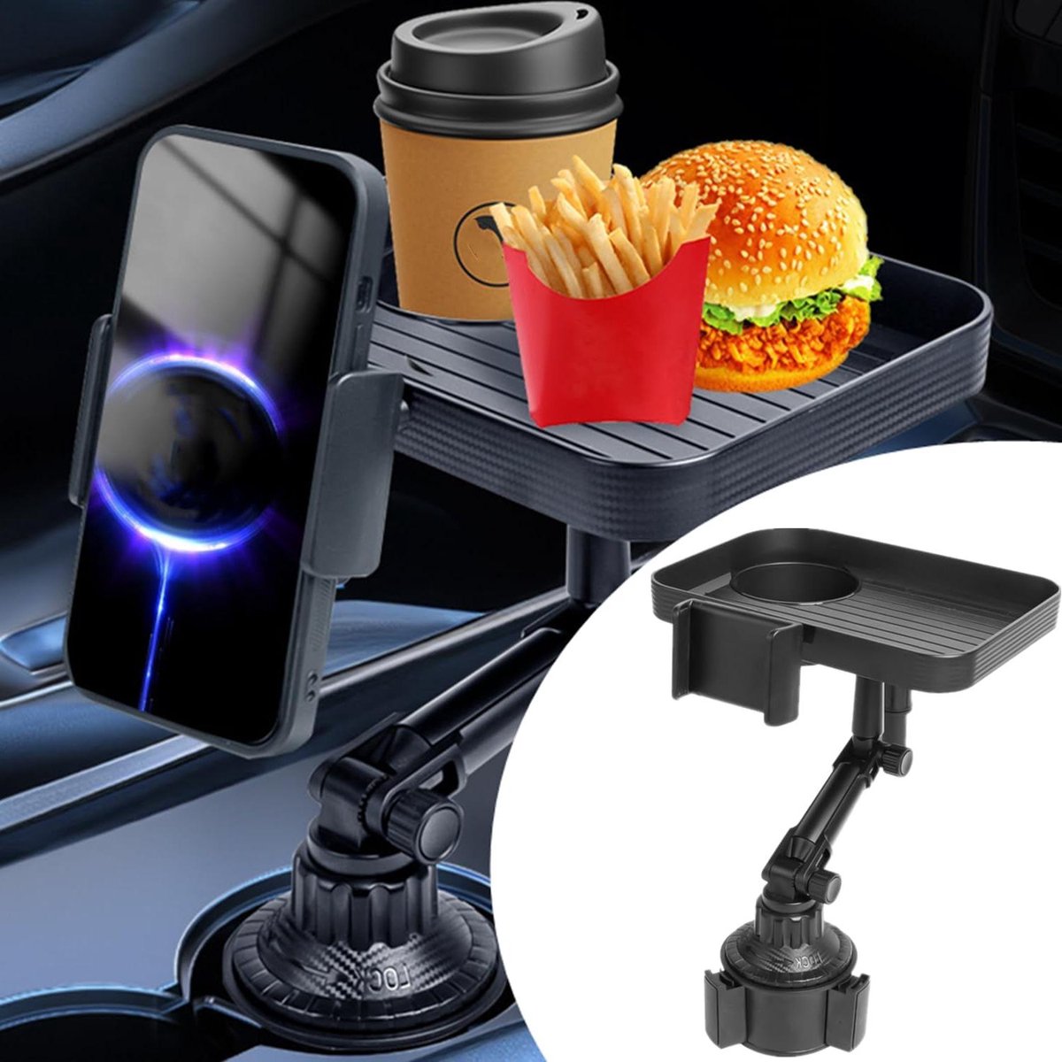 Allecto Plus - Auto Bekerhouder met Tafel - Multifunctionele Snackdienblad - Verstelbare Mobiele Telefoonhouder