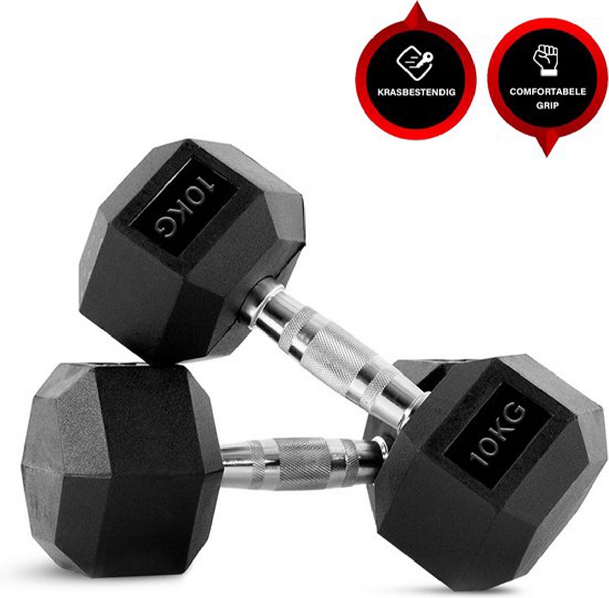 Viper Sports Iron Black Gewichten 2 x 10 kg – Dumbbells – Dumbells set – Anti-slip – Zeshoek design – Hexagon-Design - RVS/Rubber – Zilver/Zwart