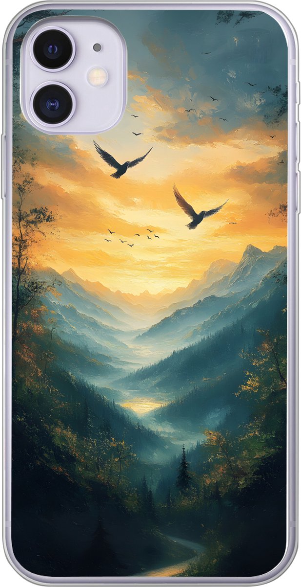 Telefoonhoesje Geschikt voor iPhone 11 hoesje - Vogels - Zon - Bomen - Groen - Siliconen Telefoonhoesje Telefoonhoesje
