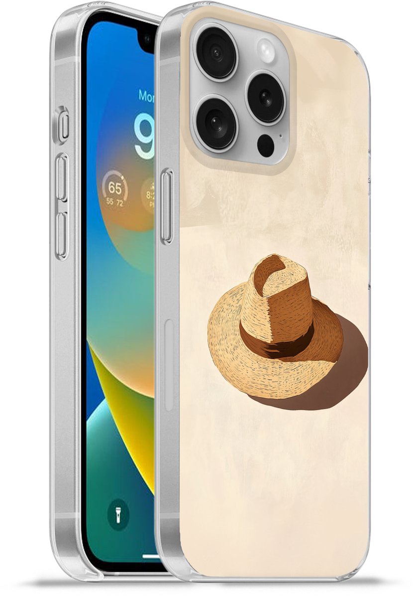 Telefoonhoesje Geschikt voor Apple Iphone 16 Pro hoesje - Hoed - Minimalistisch - Schaduw - Beige - Siliconen Telefoonhoesje Telefoonhoesje