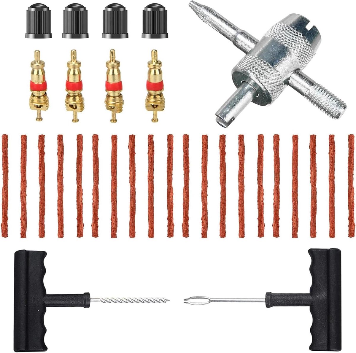 Bandenreparatieset - 20 vulkaniserende strips, T-handgrepen en bandenventiel gereedschap - Voor auto en motorfiets bandenreparatie