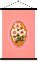 Posterhanger incl. Poster 40x60 cm - Schoolplaat - Illustratie - Bloemen - Rand - Roze - Textielposter - Zwarte latten