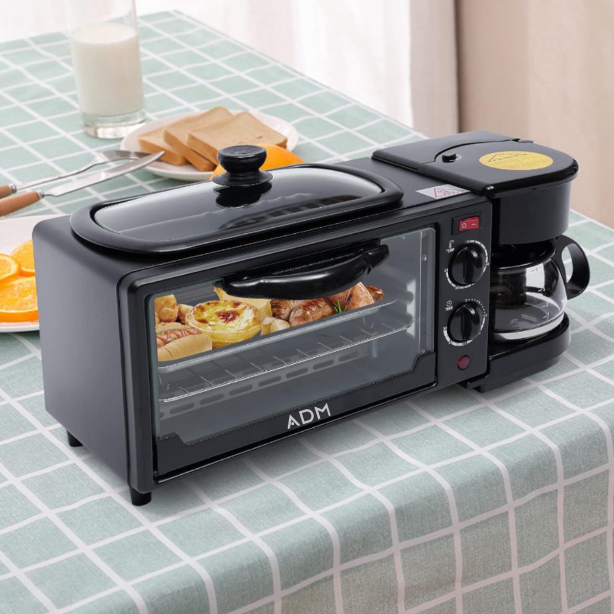 ADM 3-in-1 Ontbijtstation – Koffiezetapparaat, Grillplaat & Mini Oven – 1050W – 9L – Voor Thuis, Studentenkamer of Caravan