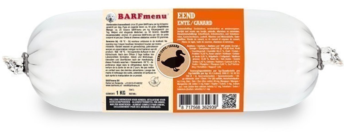 Barfmenu hond eend hondenvoer 1000 gr