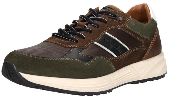 Groene en bruine leren lage veter schoen met witte strepen