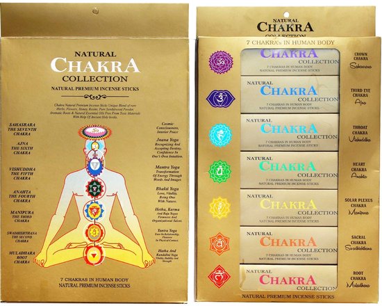 Bâtonnets d'encens naturels GJ BOON, collection Chakra, coffret cadeau, bâtons d'encens, roulés à la main, 7 chakras avec autocollant Kajal