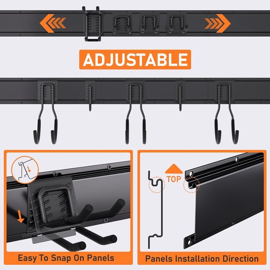 TOJ Gereedschapshouder - Bezemhouder - Tuingereedschap / Bezem Ophangsysteem - 3 Basisrails + 9 Haken - 120CM - Metaal - Mat Zwart van TOJ — afbeelding 5