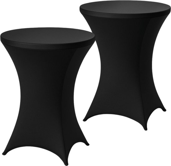 Deux jupes de table haute noires avec un tissu élastique qui enveloppe les pieds de la table, créant une silhouette unique.