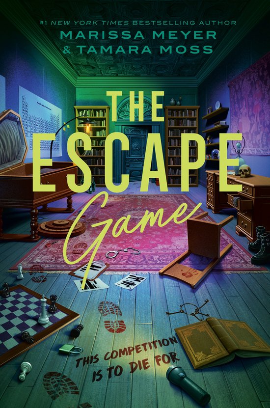Boekcover van "The Escape Game" met een escape room interieur, schaakbord, sloten en een schedel. #1 New York Times bestseller.