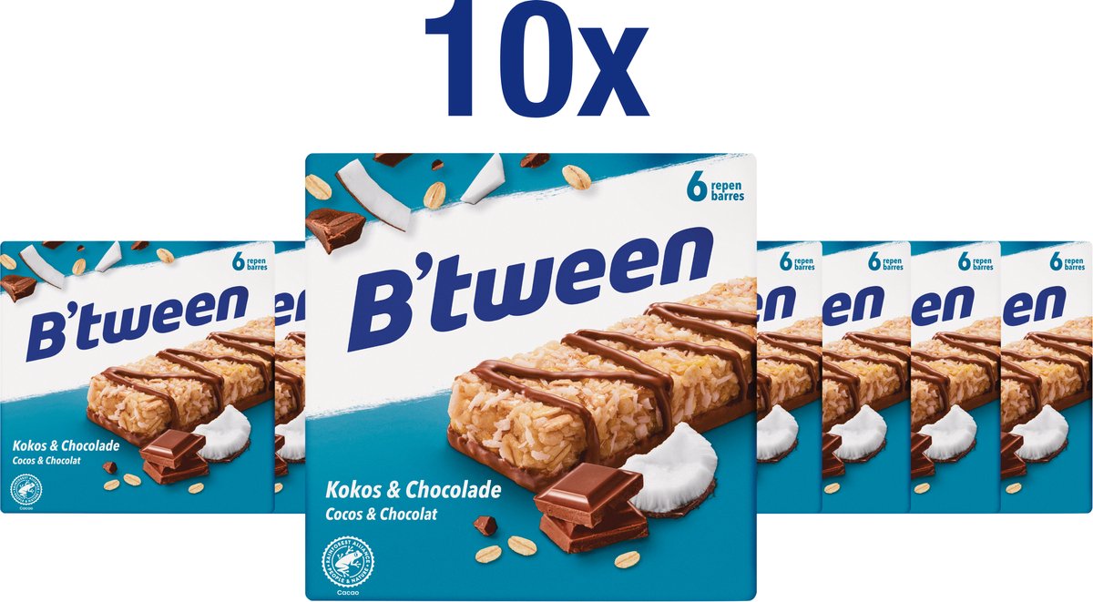 B'tween Kokos & Chocolade - Tussendoortje - Mueslireep - 10 doosjes à 6 x 25g