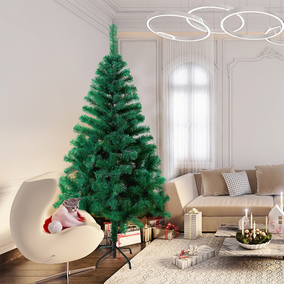 Kerstboom Kunstboom 210cm Kunstkerstboom Decoratie, PVC Kerstboom Kerstdecoratie, Dennenboom Inclusief Metalen Standaard – foto 5