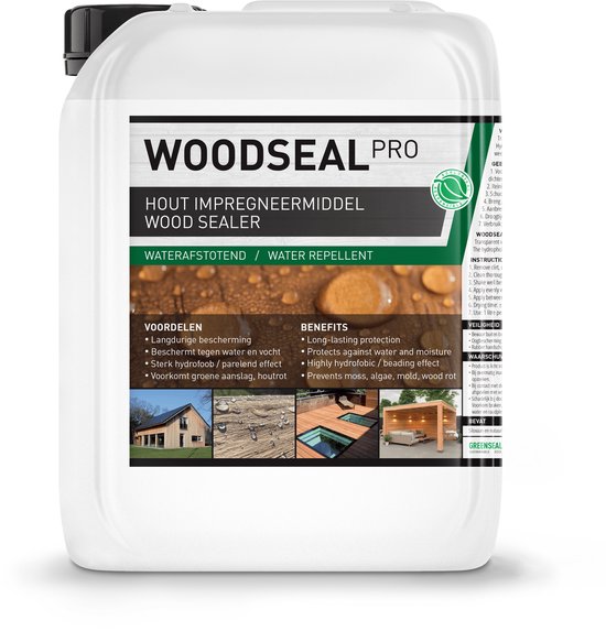 Fles Woodseal Pro hout impregneermiddel met uitleg en foto's van toepassingen.