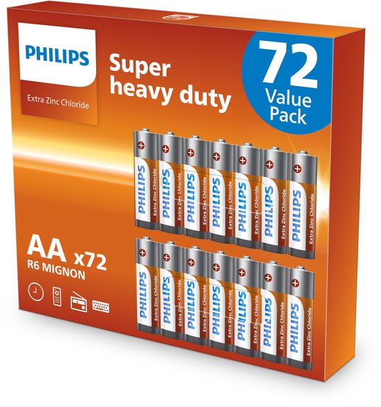Doos met 72 Philips AA batterijen 'Super Heavy Duty Extra Zinc Chloride'.