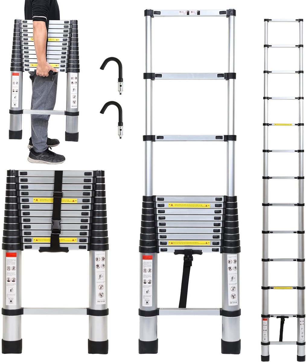 Telescopische Ladder - Telescoopladder - 3,8m zilver + haak, Max. Belasting 150 kg, Compact en Draagbaar met Soft Closing Systeem, Geschikt voor Particulier en Professioneel Gebruik, Telescopische Vouwladder