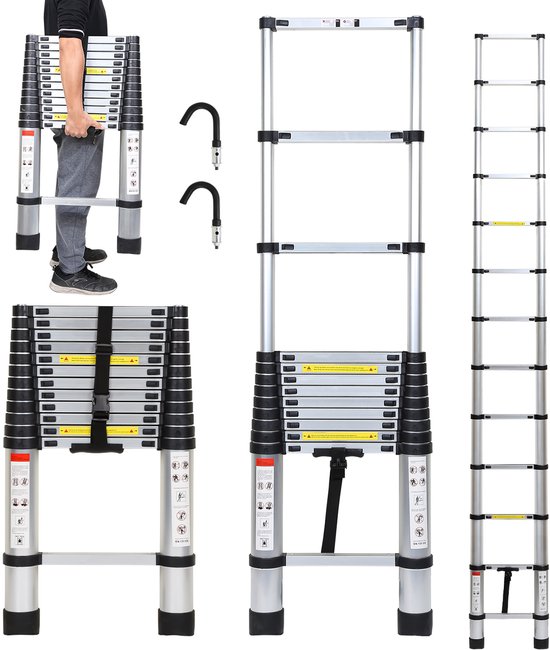 Man met zilverkleurige telescopische ladder, de ladder in gesloten, uitgeschoven en volledig uitgeschoven toestand.