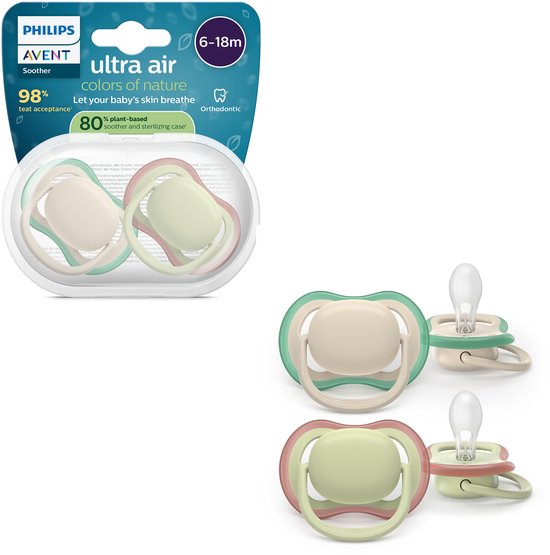 Philips Avent 'colors of nature' fopspenen verpakking en twee losse fopspenen, 6-18m.