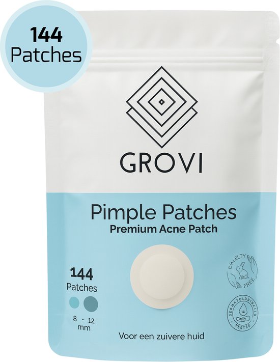 Grovi Premium Pimple Patch 144 Stuks - Onzichtbare Puisten Verwijderaar - Acne Patches - Hyrdocolloid - Anti Mee-eters - 8 & 12MM