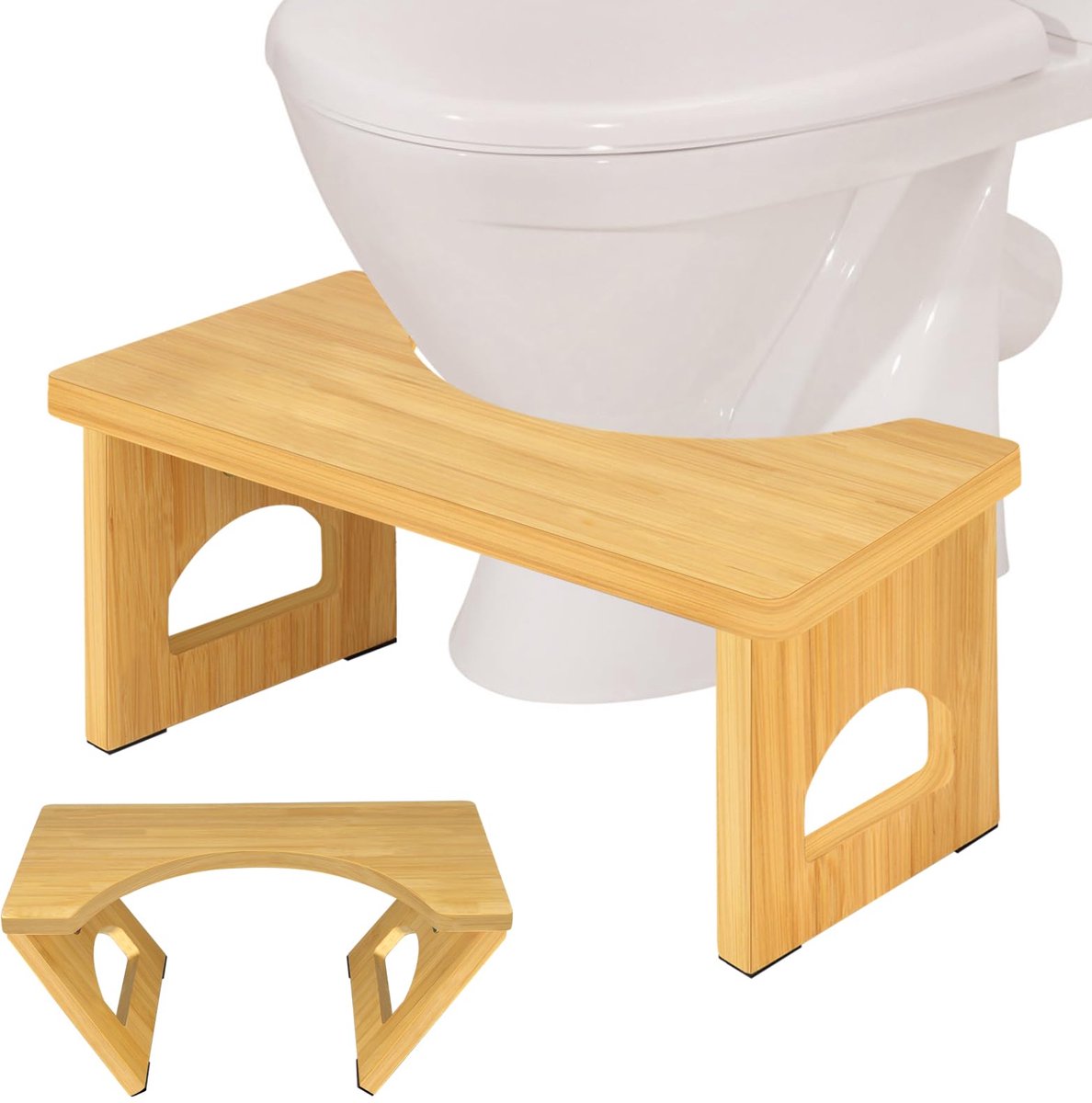 Houten Toilethocker - Klapbaar en Fysiologisch - Duurzaam C-vormig met 35 graden hoek - Houtkleur