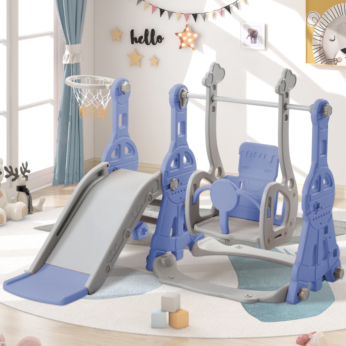4-in-1 kinderglijbaan met schommel, basketbalring en klimladder, speeltoestel voor kinderen binnen en buiten