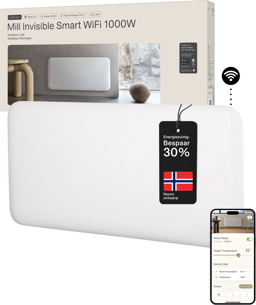 Mill PA1000WIF4 - WiFi-geïntegreerde stalen paneelverwarming - 1000 Watt - tot 16m2 - 100% stil - 5 jaar garantie