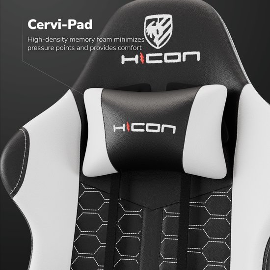 Zwarte en witte gamestoel met hoofdsteun met HICON logo en nekkussen.