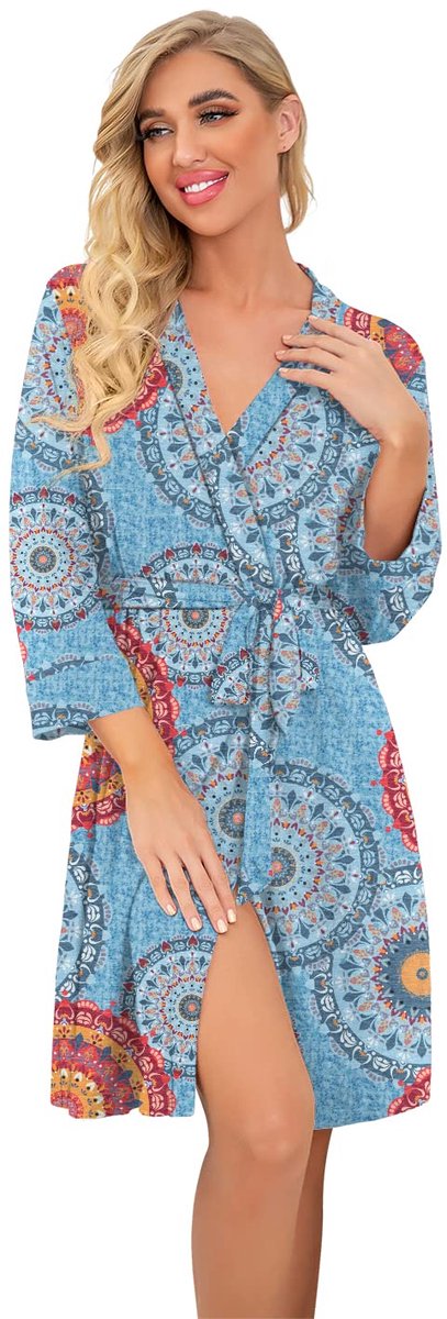 Dames Kimono Badjas - Lichtgewicht Gebreid met V-hals - Bloemenprint Blauw Gemengd, Maat XL