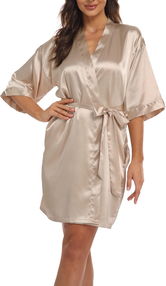 Dames Satijnen Kimono Morgenjas - Met ceintuur en zakken - 3/4 mouwen - V-hals - Korte lengte - Geel XL