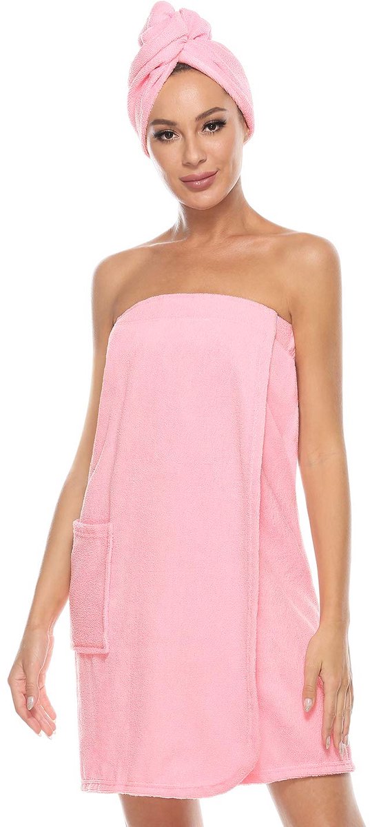 Dames Saunakilt en Haartuch - Met Klittenbandsluiting en Elastische Band - Voor Sauna - Roze L