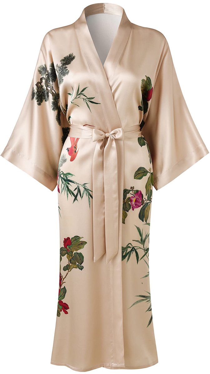 Dames Kimono Robe - 100% Zijde - Lang - Champagnekleurig