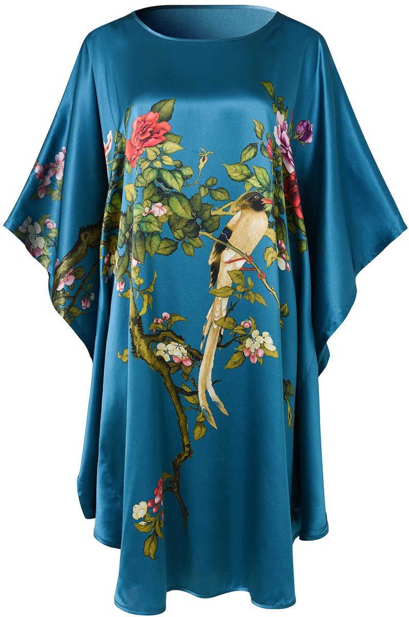 Dames Korte Robe - Van 100% Zijde met Klassieke Vleermuismouwen - Nachtkleding - Donkerblauw